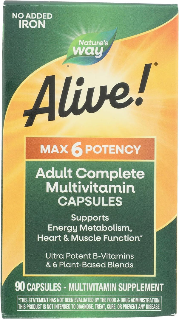 Nature's Way Alive! Max6 Potency Adult Complete Multivitamin, No Iron, 90ct | No Iron Added, Antioxidant Vitamins A, C, E, B-Vitamins Including