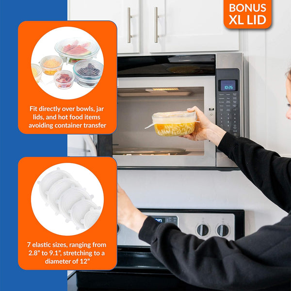 Modfamily Silicone Stretch Lids (7 Pack, Includes Exclusive XL Size), Reusable, Durable & Expandable to Fit Many Container Sizes & Shapes.