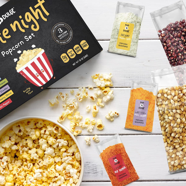 Pop N' Dulge Popcorn Movie Night Supplies 16 Pcs Gift Set, 5 Gourmet Popcorn Kernels, 5 Seasoning Variety Packs Non-Gmo Kosher Snacks, Great