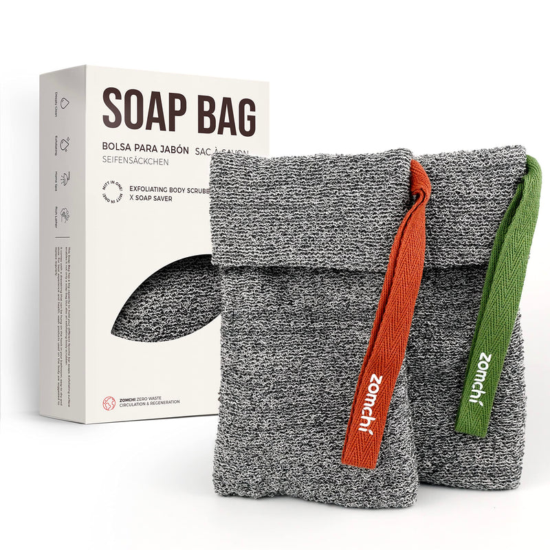ZOMCHI Soap Saver Bags for Bar Soap, 2 Pack, Deep Texture Grey | Nylon Mesh Helps Create Rich Lather, Hanging Loop, Quick Drying Design, Roomy