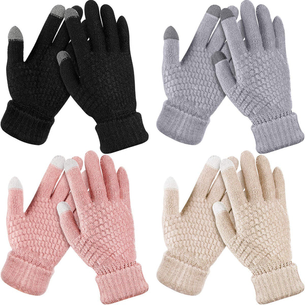 Geyoga Women's Winter Touch Screen Glove | 4 Pairs Soft Warm Fleece Lined Knit Elastic Cuff Texting Gloves Solid Black, Gray, Pink, Beige