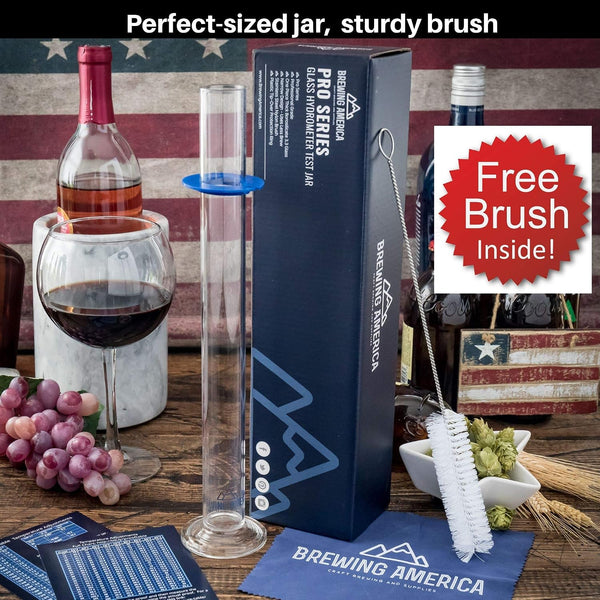 Brewing America Glass Hydrometer Test Tube Jar & Cylinder Brush - Narrow Flask for Alcohol by Volume Test - Moonshine, Homebrew Beer, Home Wine