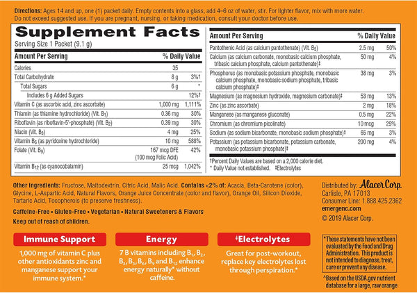 Emergen-C 1000Mg Vitamin C Powder for Daily Immune Support Caffeine Free Vitamin C Supplements with Zinc and Manganese, B Vitamins and