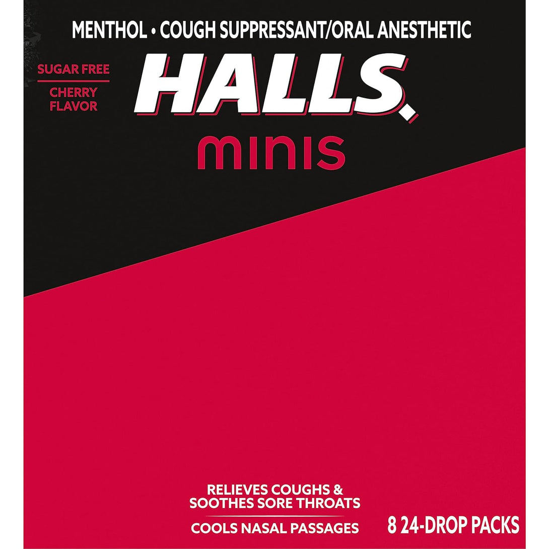 HALLS Minis Cherry Flavor Sugar Free Cough Drops, 8 Packs of 24 Drops (192 Drops Total)