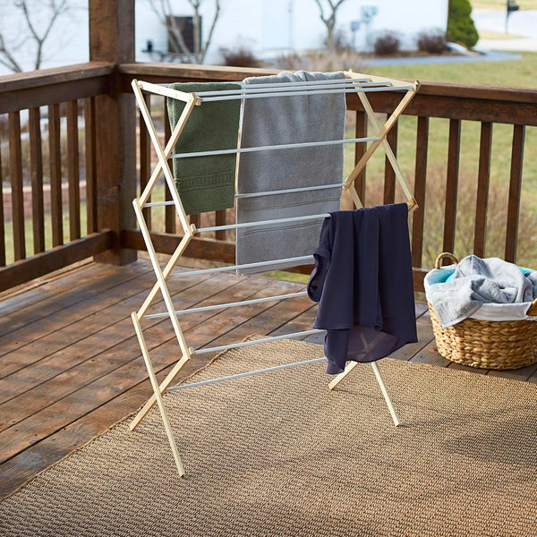 Household Essentials 5001 Collapsible Folding Wooden Clothes Drying Rack For Laundry | Pre Assembled Natural/White Birch