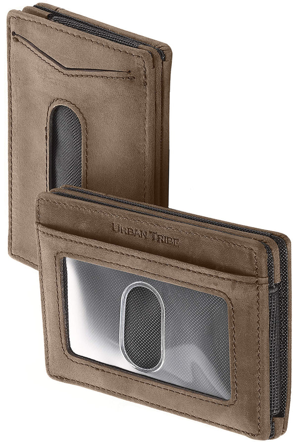 Compact RFID Sleeve Wallet Premium Leather Minimalist Money Clip Card Holder 10 Cards Good Old Brown
