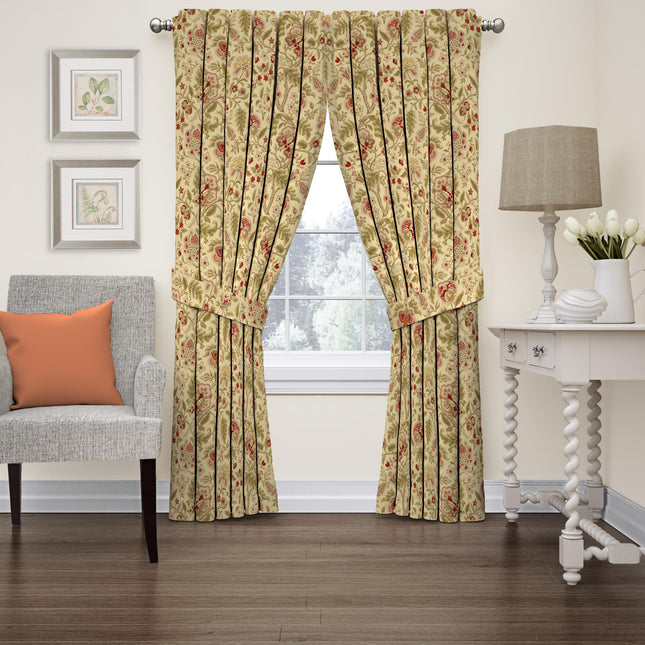 Waverly Imperial Dress Jacobean Floral Rod Pocket Back Tab Curtains for Windows in Bedroom, Kitchen, or Living Room, Sin