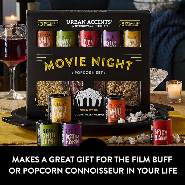 Urban Accents Movie Night Popcorn Gift Set – Includes 3 Gourmet Popcorn Kernel Varieties & 5 Flavorful Seasonings – Perfect Snack Gift Box for