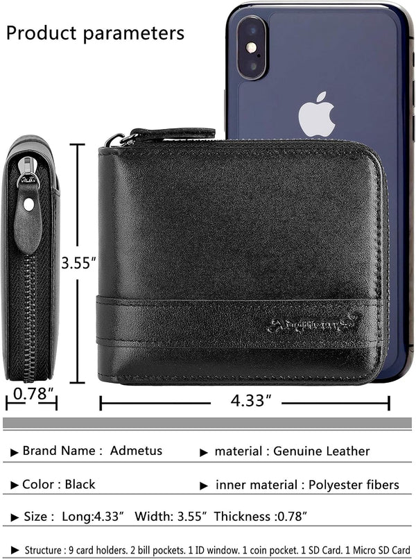 Admetus Men's Genuine Leather Short Zip-around Bifold Wallet Black-1825