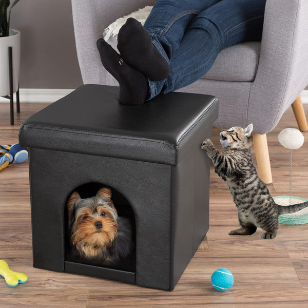 Cat House Ã¢ÂÂ Collapsible Multipurpose Small Dog or Cat Ottoman with Footrest, Cushioned Top, and Interior Pillow by PETMAKER (Black)