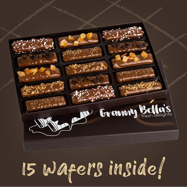Granny Bellas 15 Chocolate Wafers Gift Baskets, Gourmet Cookies, Candy Gifts Treats for Mother, Mom, Grandmother, Grandma, Wife, Daughter, Women,