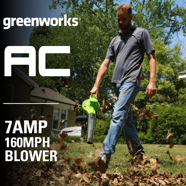 Greenworks 7 Amp 160 MPH/150 CFM Single Speed Electric Blower, 24012, green Blower (160 MPH / 150 CFM) Corded