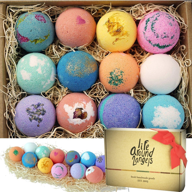 Lifearound2Angels Bath Bombs Gift Set 12 USA Made Fizzies, Shea & Coco Butter Dr