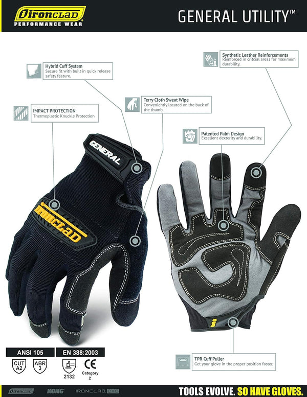 Ironclad General Utility Work Gloves GUG, All-Purpose, Performance Fit, Durable, Machine Washable (1 Pair) Black