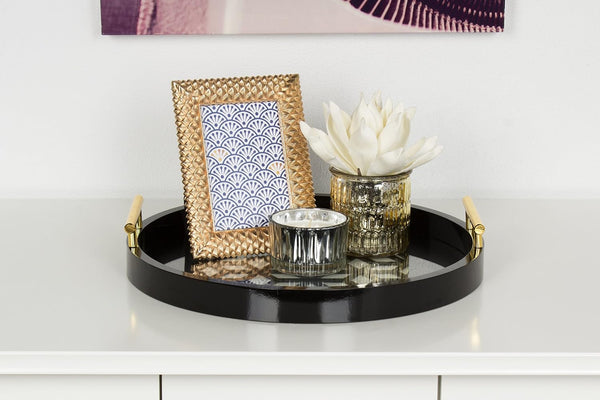 Kate and Laurel Caspen Round Cut Out Pattern Decorative Tray with Gold Metal Handles, Black 15.5" Black