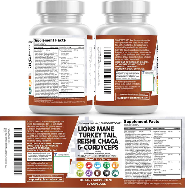 Clean Nutraceuticals Lions Mane 20in1 Mushroom Supplement with Turkey Tail Reishi Cordyceps Chaga Maitake Meshima Poria Cocos Shiitake Oyster