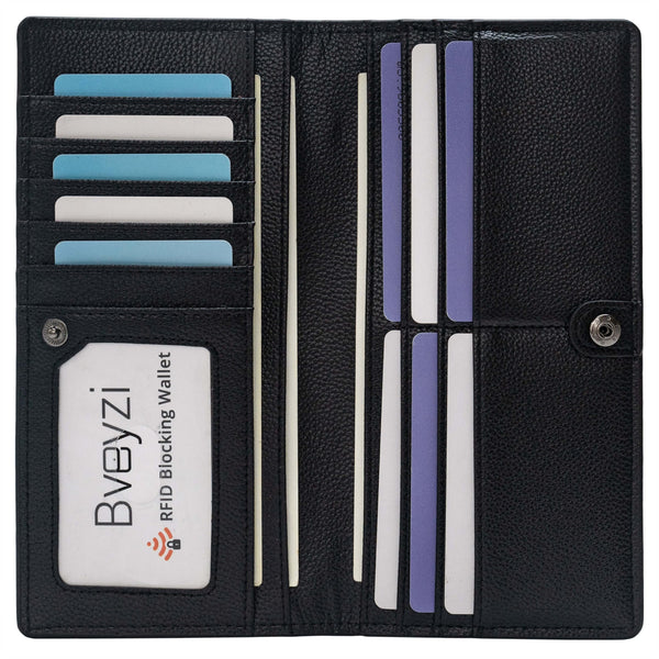 Bveyzi Ultra Slim Thin Leather RFID Blocking Credit Card Holder Bifold Clutch Wallets for Women Black Leather