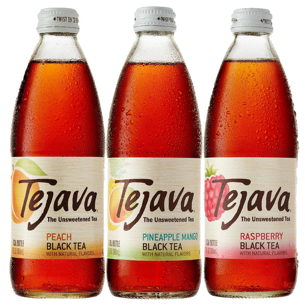 Tejava Black Tea Sampler, 12 Ounce (12-Pack) Glass, Peach, Raspberry and Pineapple-Mango, Ready-To-Drink Premium Iced Tea