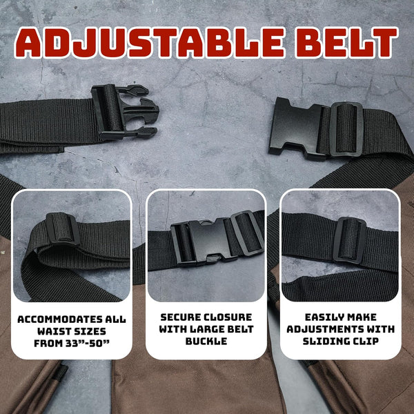 11 Pocket Brown and Black Heavy Duty Construction Tool Belt, Work Apron, Tool Pouch, with Poly Web Belt Quick Release Buckle - Adjusts from 33”