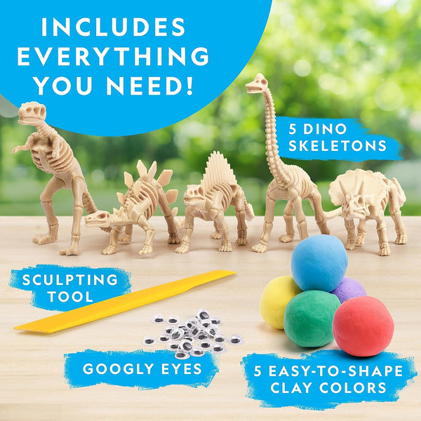 NATIONAL GEOGRAPHIC Clay Dinosaur Arts & Crafts Kit - Dinosaur Air Dry Clay for Kids with 5 Clay Colors, 5 Dino Skeletons & Googly Eyes, Dinosaur