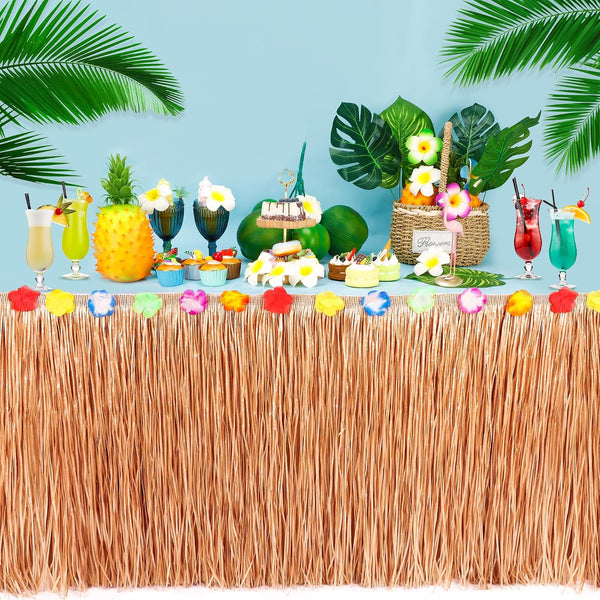 108x29.5In Hawaiian Grass Table Skirt for Summer Luau Party Decorations Straw Yellow 1 Pack