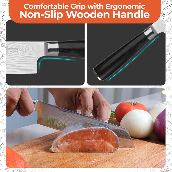 Gidli 8 Inch Chef Knife with Diamond Sharpener - Sharp German Carbon Stainless Steel Kitchen Knife for Precision Cutting - Ergonomic Wooden Handle