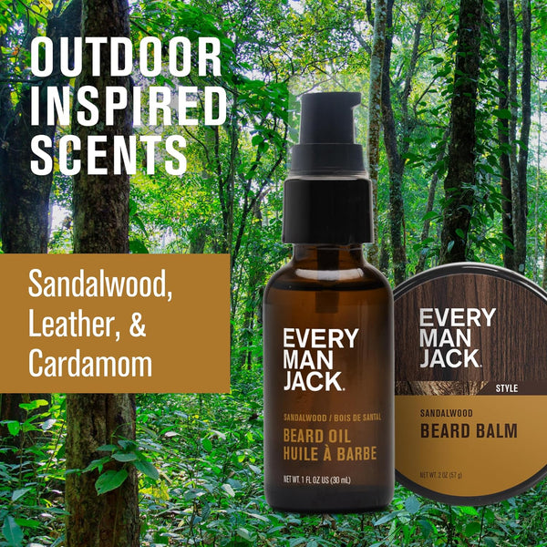 Every Man Jack Beard Grooming Kit for Men - Includes Sandalwood Beard Oil & Beard Balm, Beard Brush, Wooden Dual-Sided Comb, Trimming Scissors and