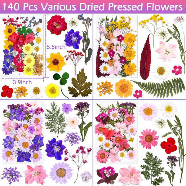 140 Pcs Dried Pressed Flowers for Resin, Real Pressed Flowers Dry Leaves Bulk Natural Herbs Kit for Scrapbooking DIY Art Crafts, Epoxy Resin