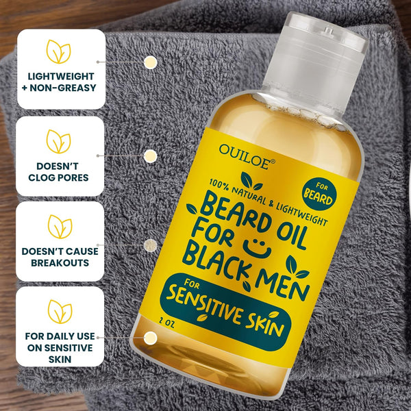 Beard Oil for Black Men with Sensitive Skin - Non Comedogenic Beard Oil - Safe for Acne Prone Skin - Unscented, Soothing, Natural, Lightweight and