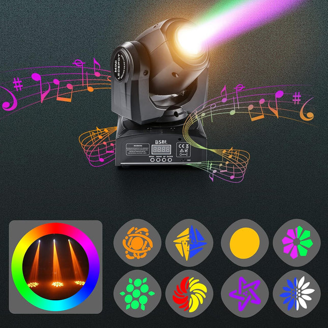 LED Moving Head DJ Lights 30W Spotlight with 8 GOBO 15 Color by DMX512 and Sound Activated Control - Mini Stage Lighting