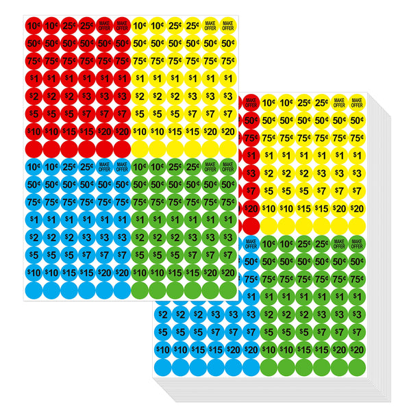 3840 PCs Garage Sale Flea Market Prepriced Pricing Stickers in Bright Colors (Yellow/Red/Green/Cyan), 3/4"in Diameter