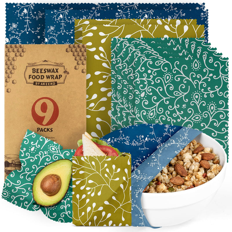 Akeeko Reusable Beeswax Food Wraps - Assorted 9 Packs, Reusable, Plastic-Free Food Storage, 5 Small, 2 Medium, 1 Large, 1 Extra Large Wraps with