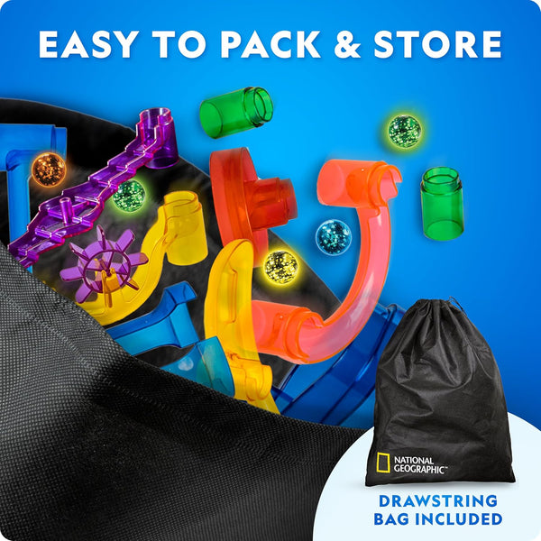 National Geographic Glow-in-the-Dark Marble Run for Kids Ages 8-12 | 15 Glow-in-the-Dark Glass Marbles, Storage Bag, Construction Toy, STEM