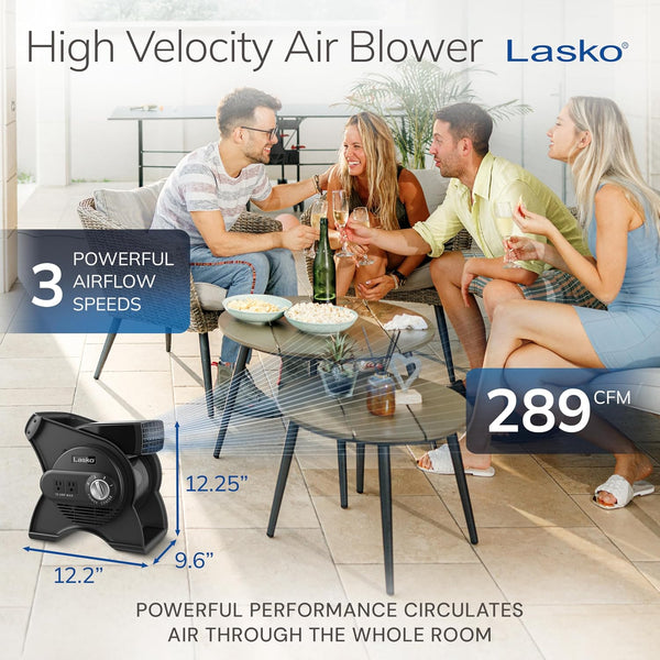 Lasko High Velocity Portable Utility Fan - Adjustable Air Mover Blower Fan for Bedroom, Office Desk, Garage, and Home - With 2 Outlets 120V - 3