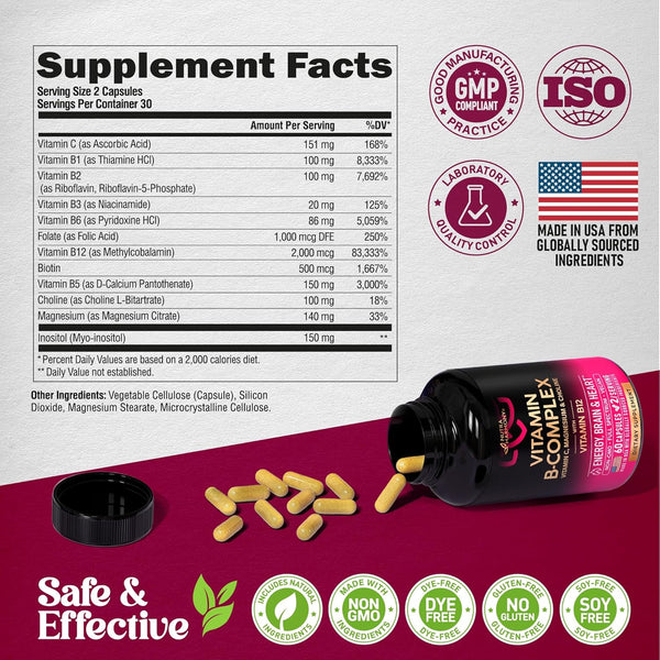 Vitamin B Complex for Men & Women - Made in USA - B-Complex: B1, B2, B3, B5, B6, B7, B8, B9, B12 with Vitamin C, Choline, Inositol - Energy, Brain
