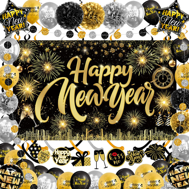 Happy New Year Party Backdrop Fabric Sign Poster Banner with Pattern Firework for New Year Party Decoration Photo Props 