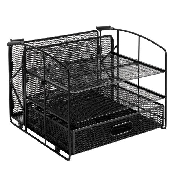 Amazon Basics Sturdy Rectangular Desktop Organizer with 3 Trays, Sliding Drawer and Hanging File Holder for Office Supplies, Black