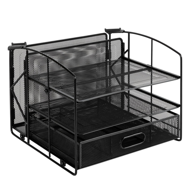 Amazon Basics Sturdy Rectangular Desktop Organizer with 3 Trays, Sliding Drawer and Hanging File Holder for Office Supplies, Black