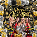 Happy New Year Backdrop with Shiny Firework Background Circle Paper Banner Pom poms Foil Balloons & Swirls for New Year Photo Booth Background