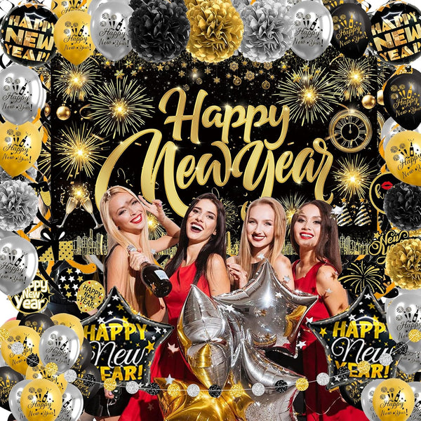 Happy New Year Backdrop with Shiny Firework Background Circle Paper Banner Pom poms Foil Balloons & Swirls for New Year Photo Booth Background