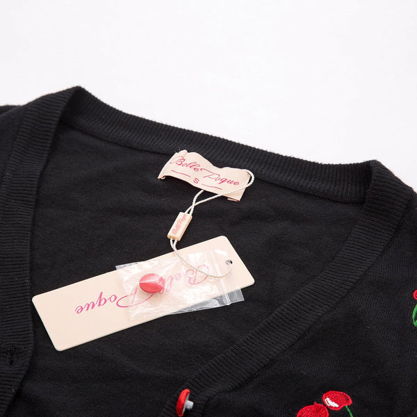 Belle Poque Women's 3/4 Sleeve V-Neck Button Down Cherries Embroidery Cropped Cardigan Sweater Coat Black X-Large