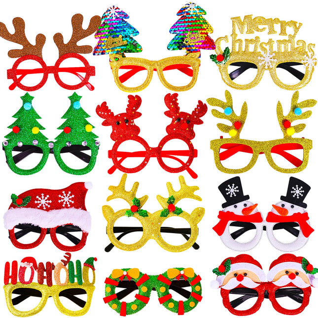 Max Fun 12Pcs Christmas Glasses Glitter Holiday Party Glasses Frames Christmas Decoration Accessories Costume Eyeglasses