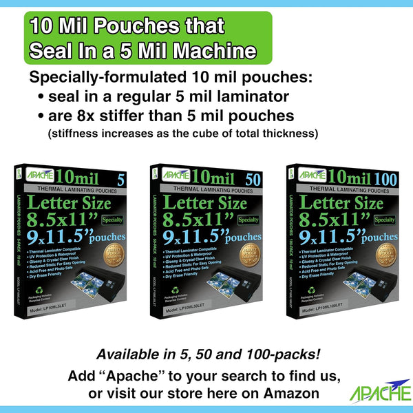Apache Laminating Pouches 5 mil, for 8.5 x 11 inch Letter Size Paper 9 x 11.5 inch Sheets, 100 Pack LETTER 5mil 100 Pack