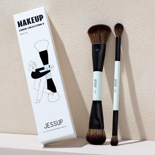 Jessup Makeup Brushes 2Pcs Double Sided Foundation Brush Contour Brush Dual Ended Eye Blending Brush, Multi-Functional Cosmetic Brush Bright Cyan T502