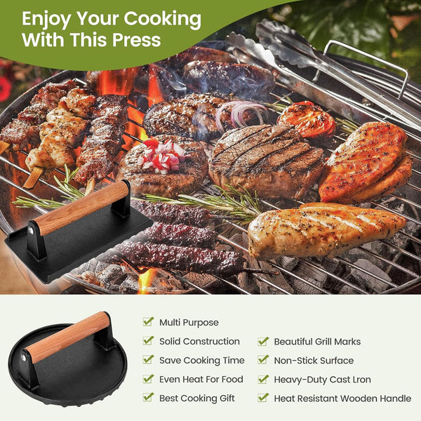 Blackstone Burger Press Set - 7" Round Smash Burger Press & 8"x4" Rectangle Cast Iron Grill Press with Wooden Handle - Smasher is Perfect for