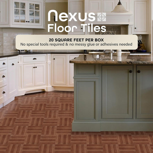 Nexus Self Adhesive 12-Inch Vinyl Floor Tiles, 20 Tiles - 12" x 12", Medium Oak Plank-Look Pattern - Peel & Stick, DIY Flooring for Kitchen,
