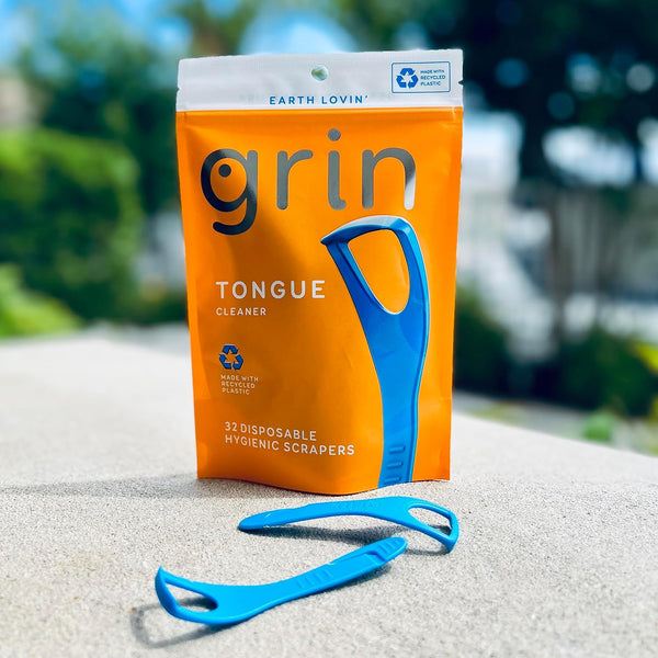 GRIN Tongue Cleaner, 32 Count, Disposable Tongue Cleaner, Hygienic Scraper, Recycled Plastic, Clean Tongue, Promote Fresh Breath, Includes Safe