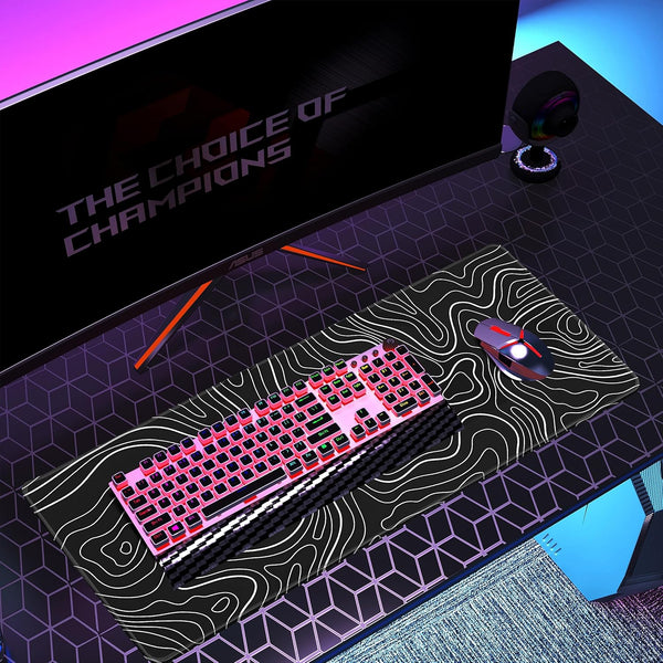 Topographic Contour Gaming Mouse Pad，Large XL Mouse Pad Big Mouse mat,Long Computer Keyboard with 3mm Non-Slip Base and Stitched Edge for Gaming