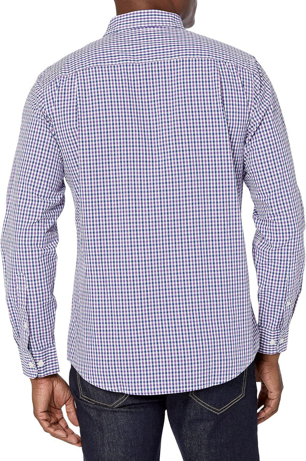 Amazon Essentials Men's Regular-Fit Long-Sleeve Casual Poplin Shirt, Button Front, Business Casual, Collared Regular Fit Blue Purple Gingham X-Large