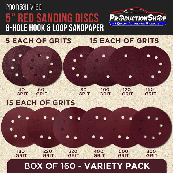 ProductionShop 5" Red 8-Hole Pattern Sanding Discs, 160 Disc Variety Pack, Grits 40, 60, 80, 100, 120, 150, 180, 220, 320, 400, 600, 800 - Hook &